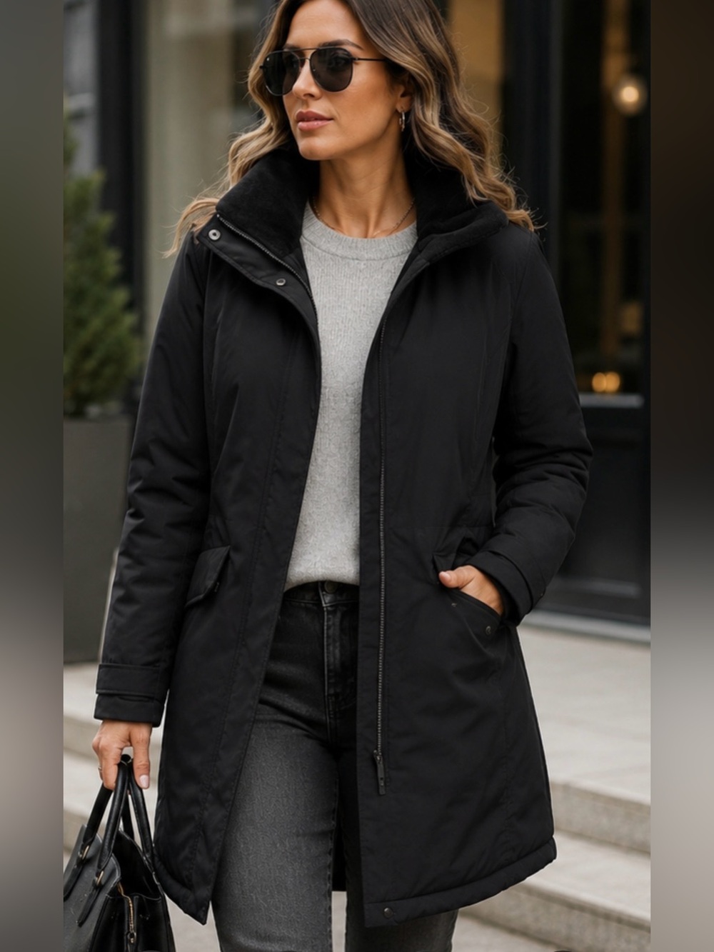 Lands End Down Feather Parka Women Medium 10/12 Black Long Jacket Coat 7 Pockets